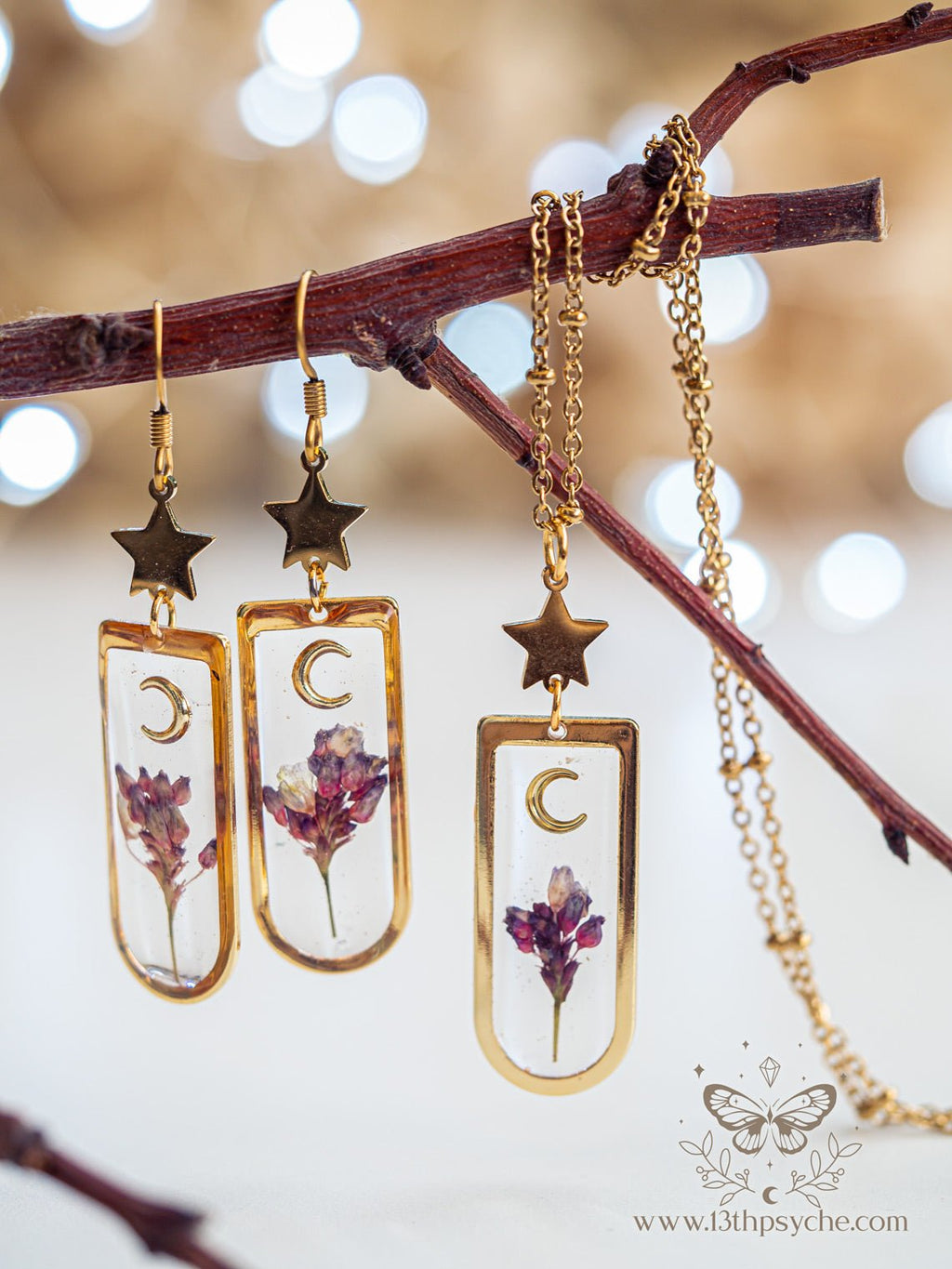 Handmade Moon and Pink pressed flower resin earrings - 13th Psyche