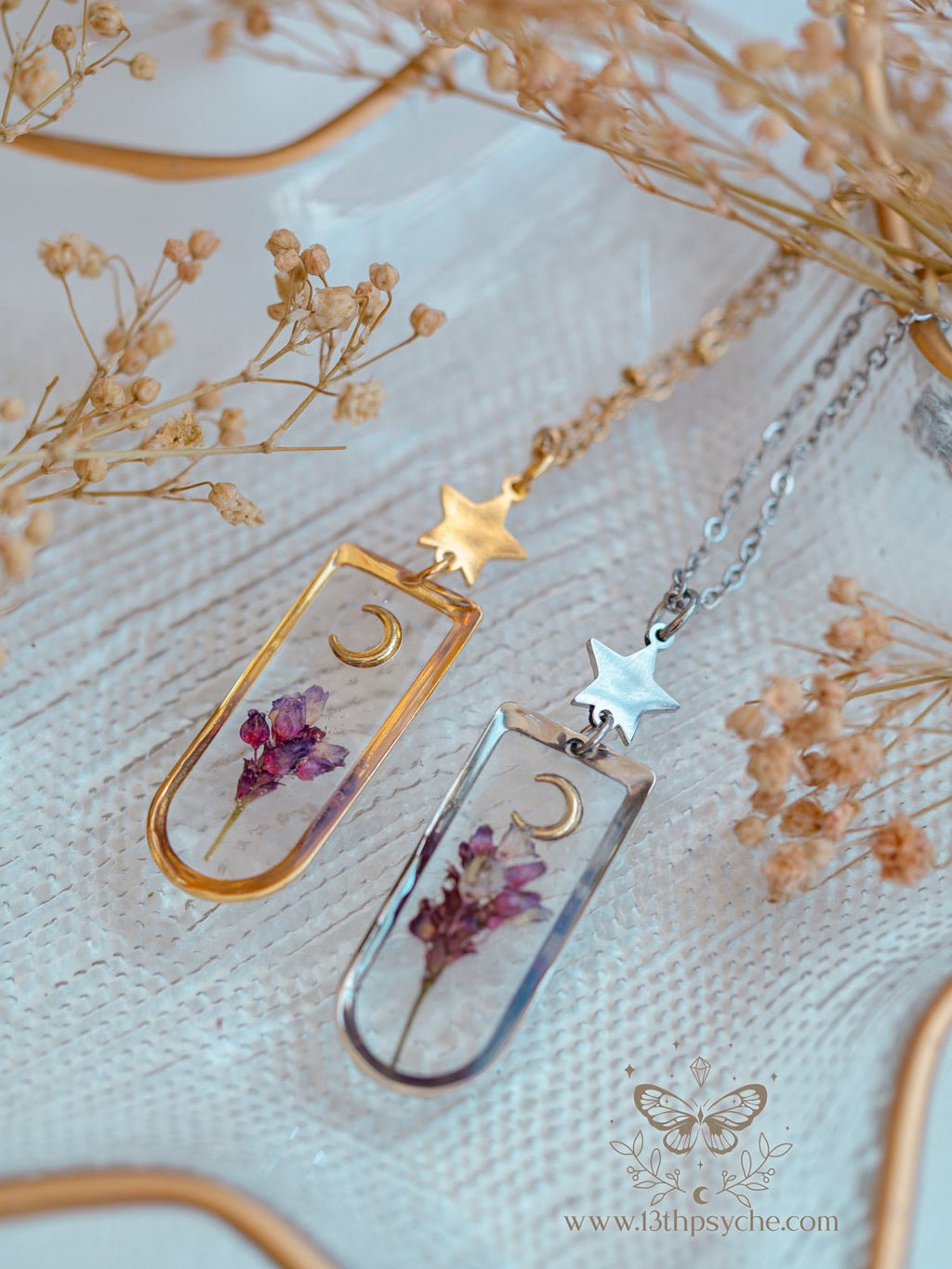 Handmade Moon and Pink pressed flowers jewelry set - 13th Psyche