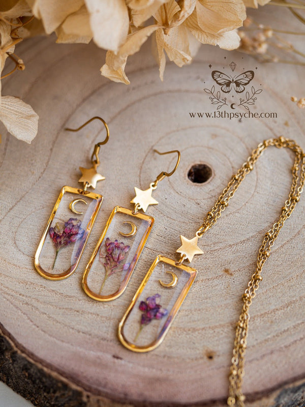 Handmade Moon and Pink pressed flowers jewelry set - 13th Psyche
