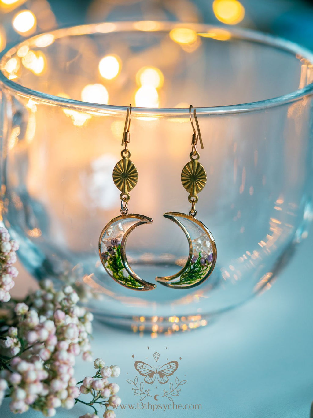Handmade Moss and flowers dangle crescent moon earrings - 13th Psyche