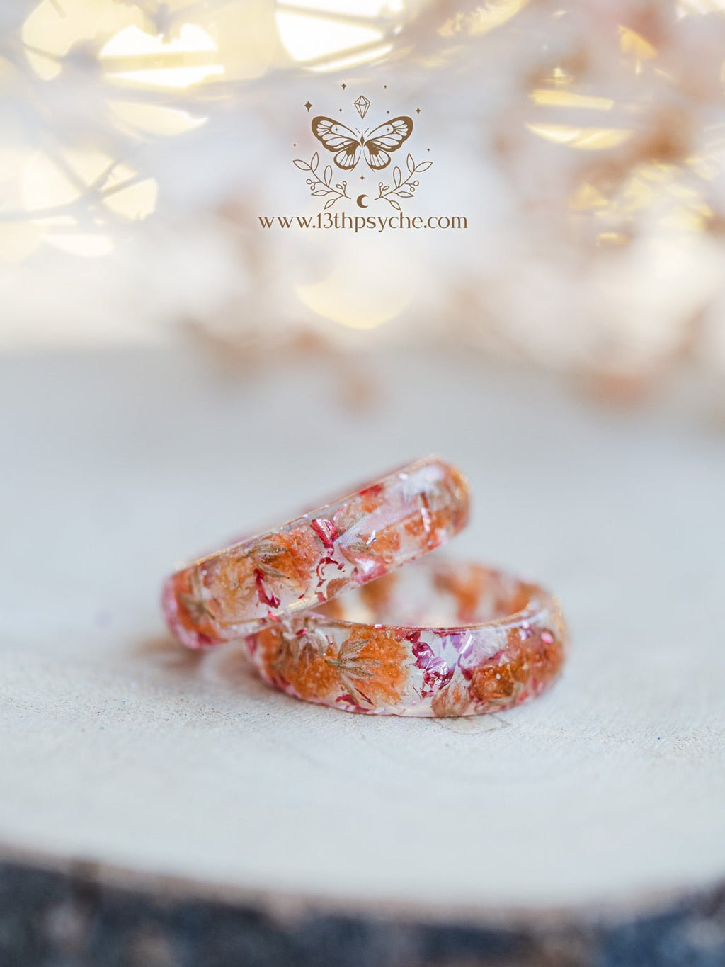 Handmade Orange baby's breath flowers resin ring - 13th Psyche