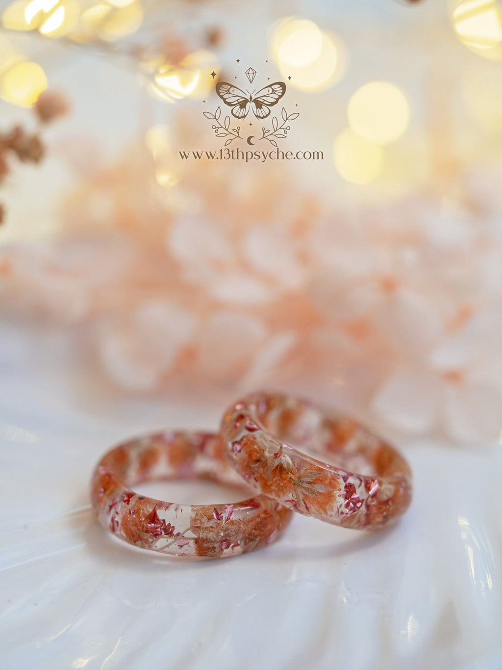 Handmade Orange baby's breath flowers resin ring - 13th Psyche