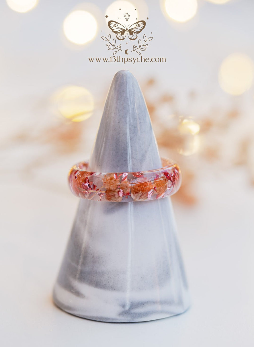 Handmade Orange baby's breath flowers resin ring - 13th Psyche
