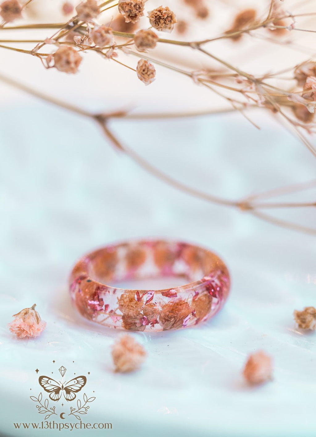 Handmade Orange baby's breath flowers resin ring - 13th Psyche
