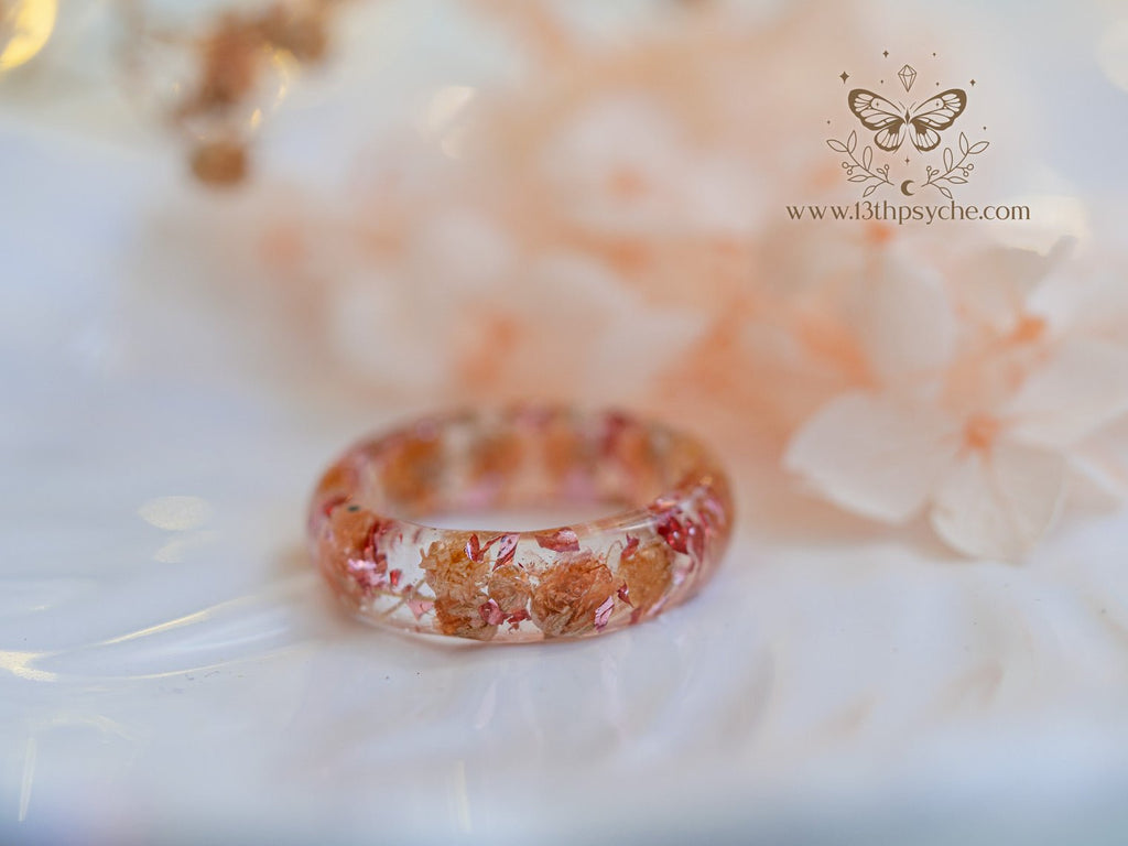 Handmade Orange baby's breath flowers resin ring - 13th Psyche