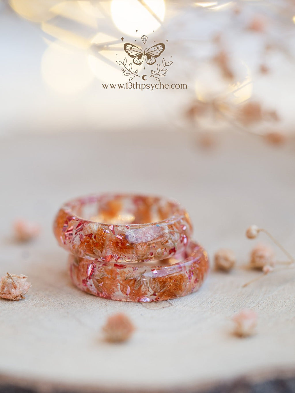 Handmade Orange baby's breath flowers resin ring - 13th Psyche