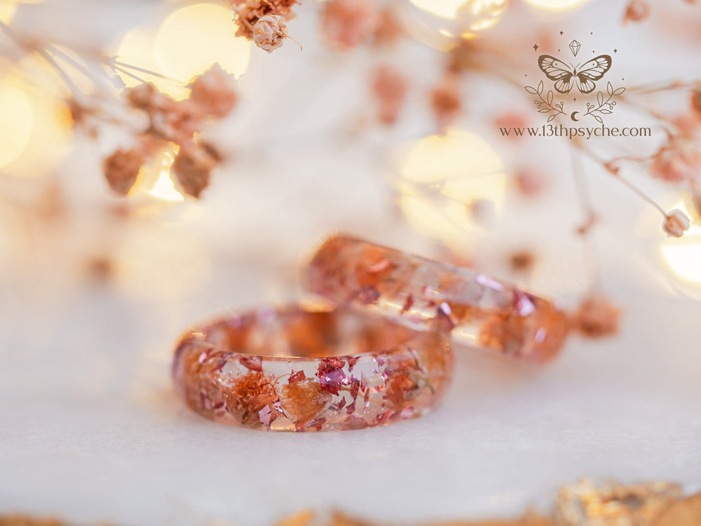 Handmade Orange baby's breath flowers resin ring - 13th Psyche
