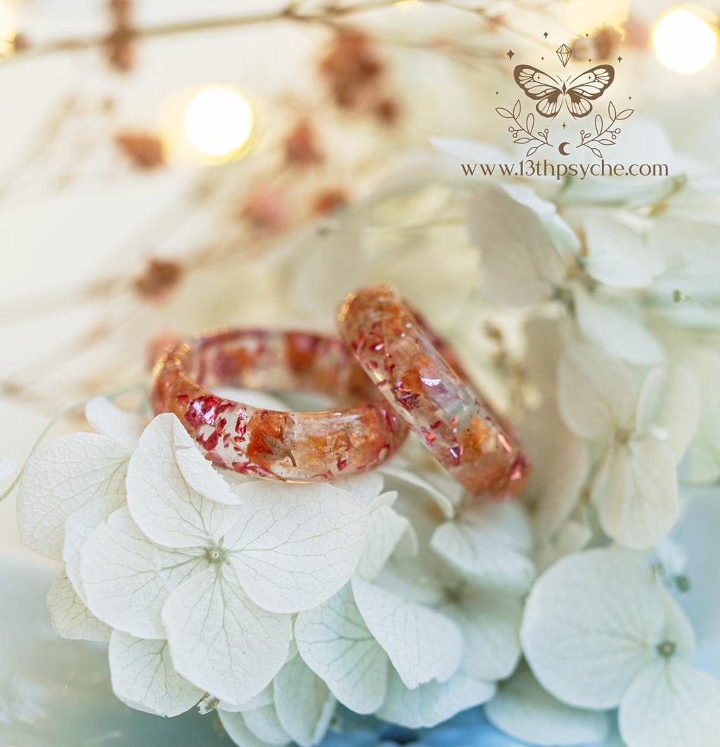 Handmade Orange baby's breath flowers resin ring - 13th Psyche