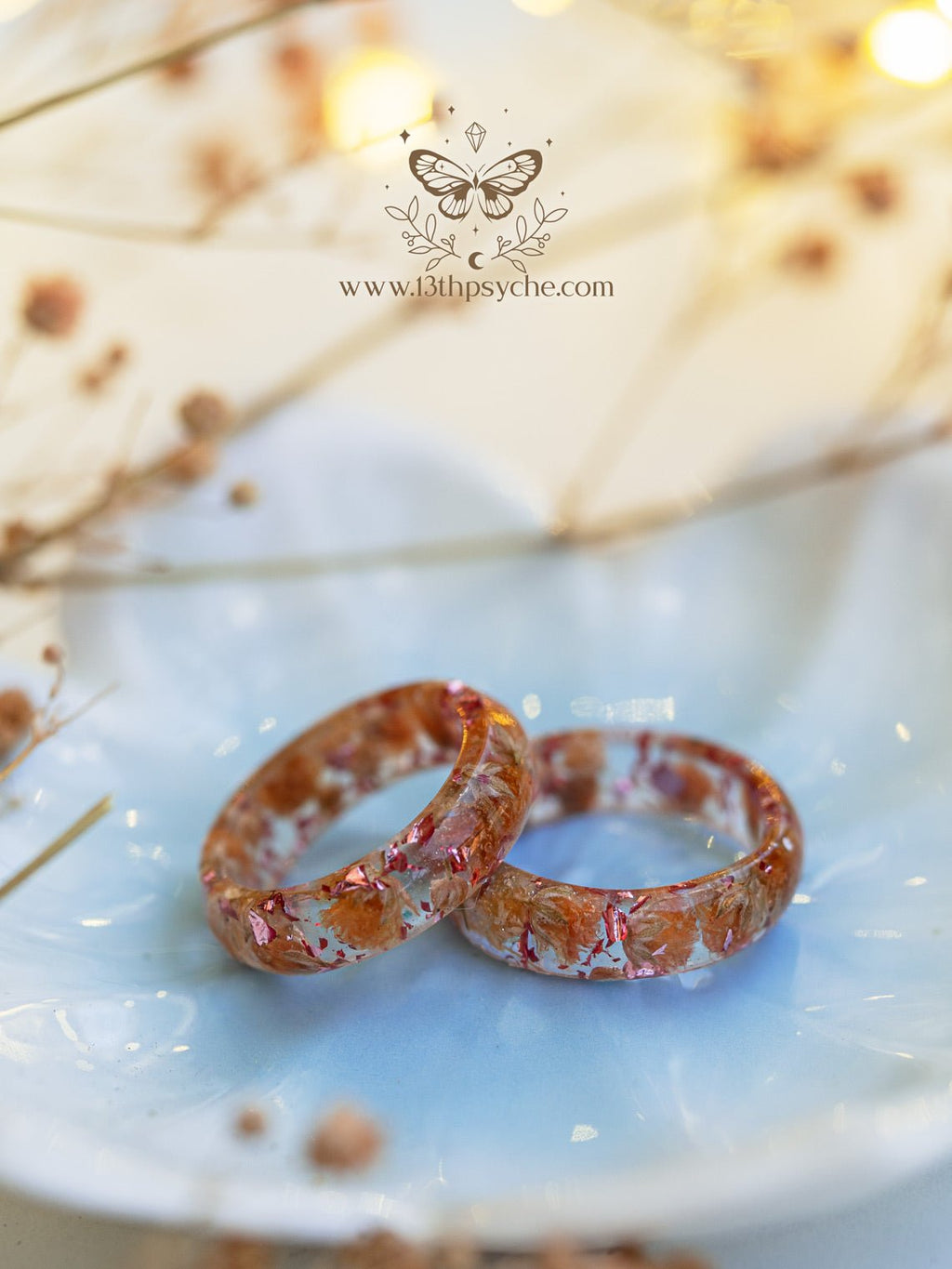 Handmade Orange baby's breath flowers resin ring - 13th Psyche