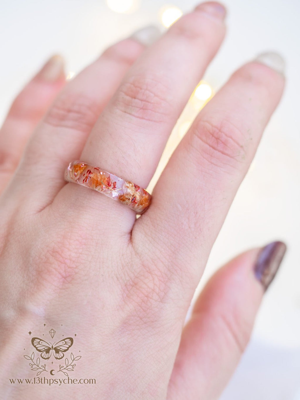 Handmade Orange baby's breath flowers resin ring - 13th Psyche