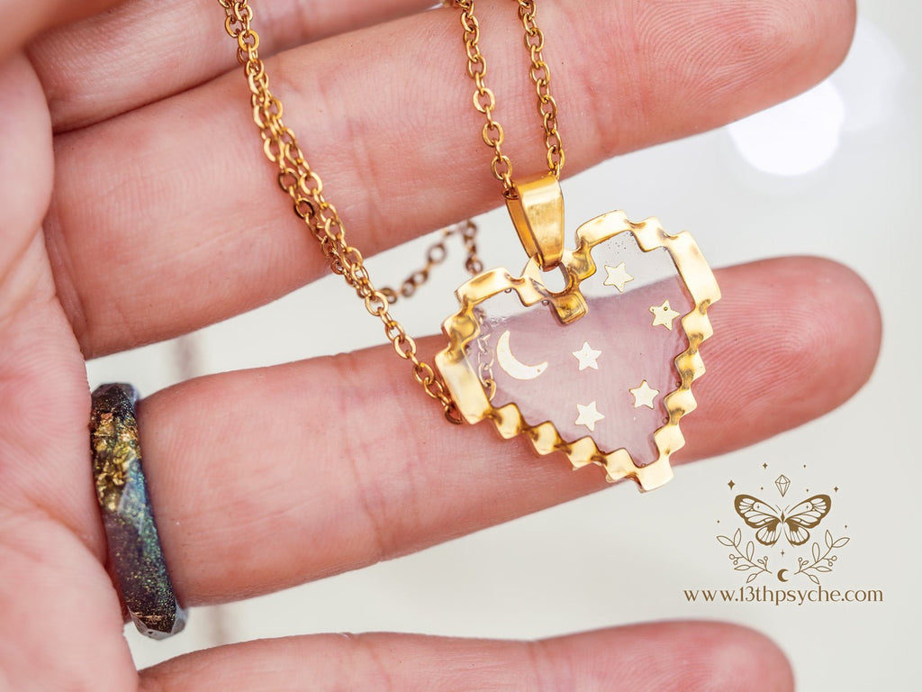 Handmade Pixel heart necklace, Moon and stars heart pendant necklace - 13th Psyche