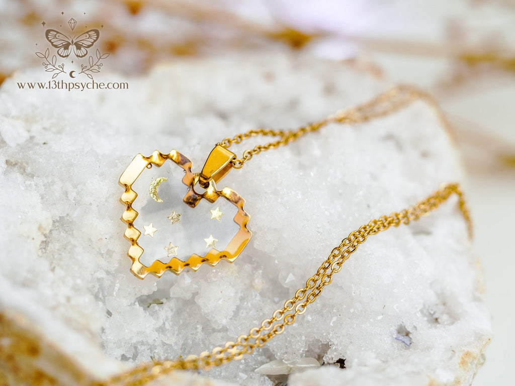 Handmade Pixel heart necklace, Moon and stars heart pendant necklace - 13th Psyche