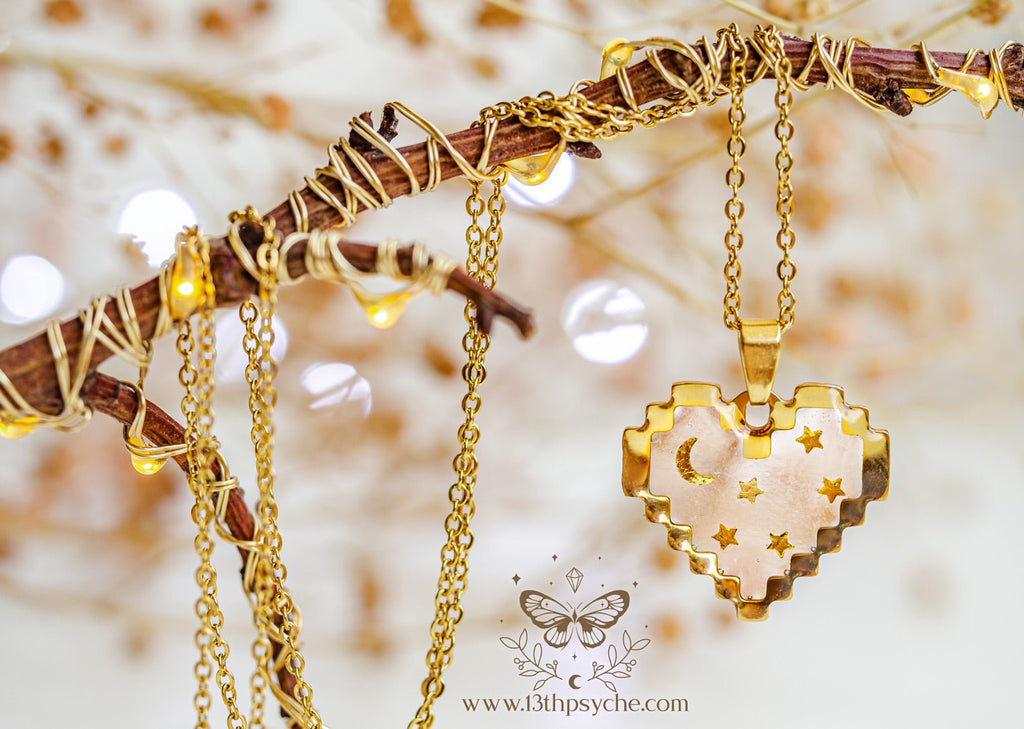 Handmade Pixel heart necklace, Moon and stars heart pendant necklace - 13th Psyche