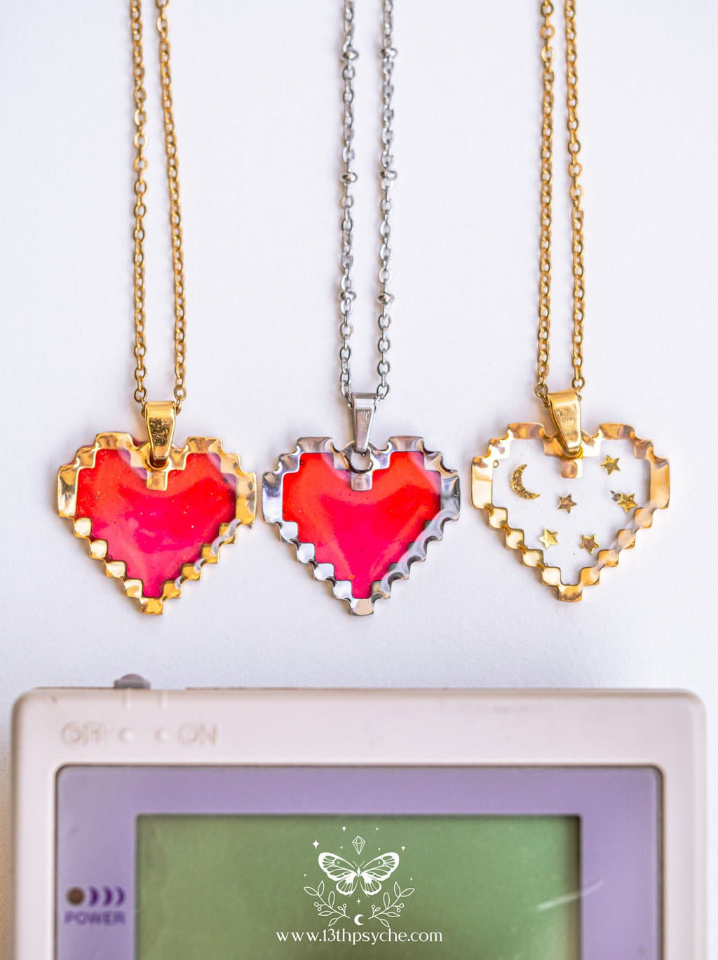 Handmade Pixel heart necklace, Moon and stars heart pendant necklace - 13th Psyche