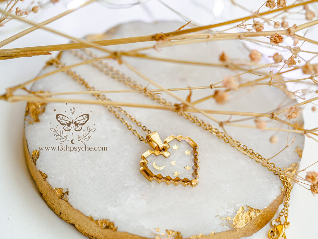 Handmade Pixel heart necklace, Moon and stars heart pendant necklace - 13th Psyche