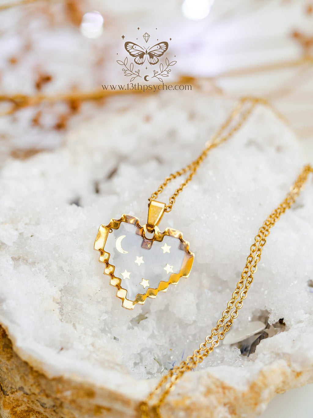Handmade Pixel heart necklace, Moon and stars heart pendant necklace - 13th Psyche