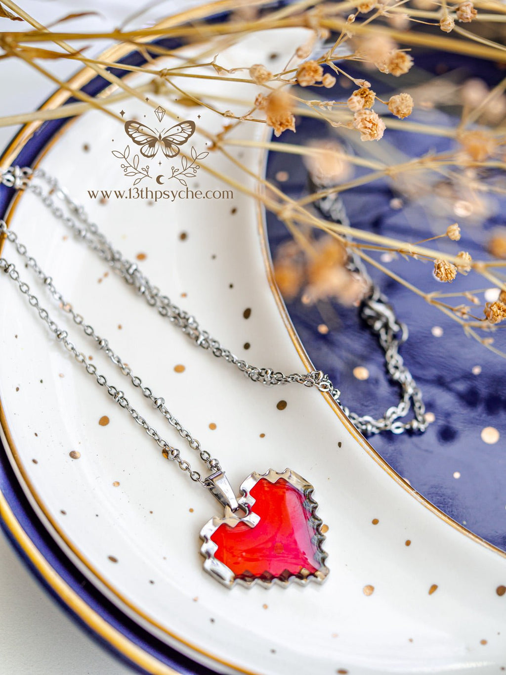 Handmade Pixel heart necklace, red heart pendant necklace - 13th Psyche