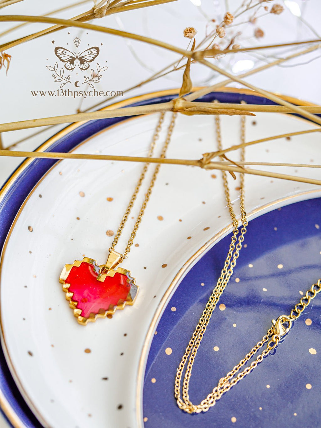 Handmade Pixel heart necklace, red heart pendant necklace - 13th Psyche