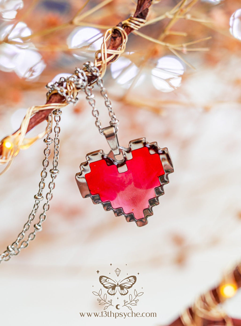 Handmade Pixel heart necklace, red heart pendant necklace - 13th Psyche