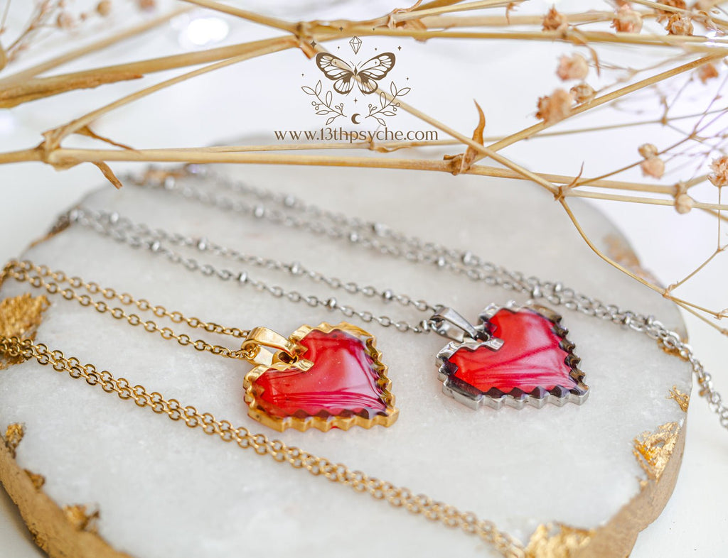 Handmade Pixel heart necklace, red heart pendant necklace - 13th Psyche