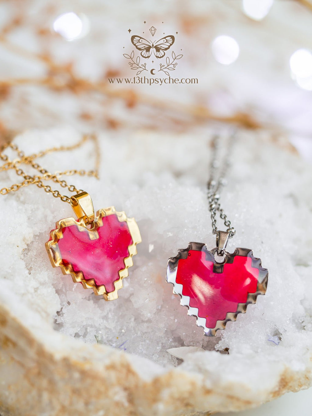 Handmade Pixel heart necklace, red heart pendant necklace - 13th Psyche
