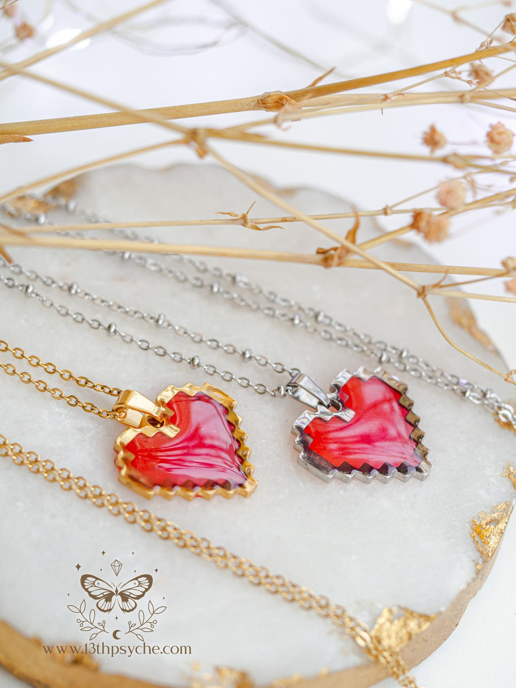 Handmade Pixel heart necklace, red heart pendant necklace - 13th Psyche