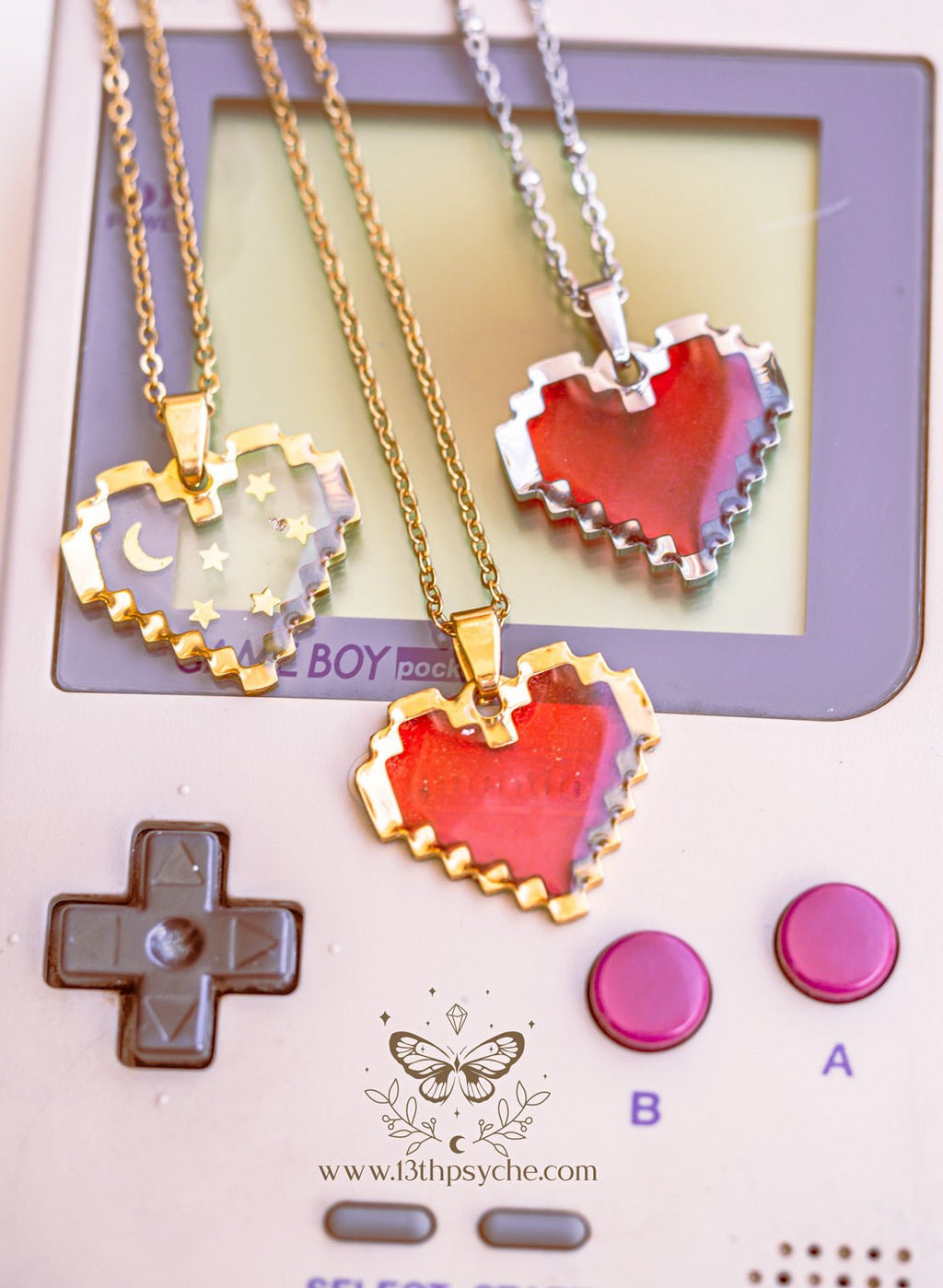 Handmade Pixel heart necklace, red heart pendant necklace - 13th Psyche