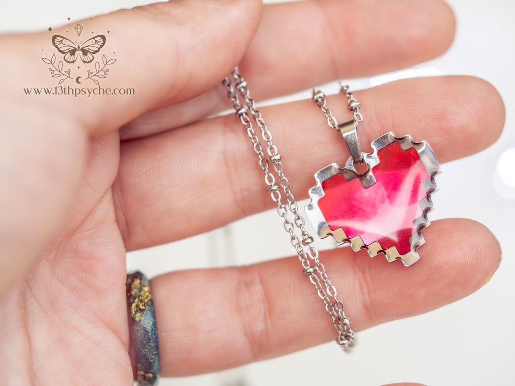 Handmade Pixel heart necklace, red heart pendant necklace - 13th Psyche