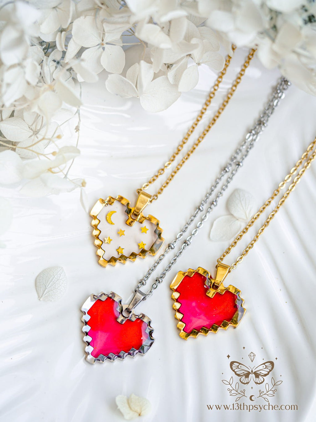 Handmade Pixel heart necklace, red heart pendant necklace - 13th Psyche