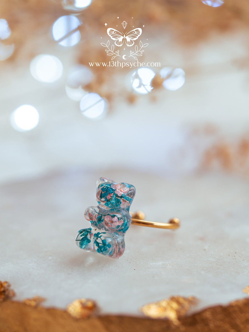 Handmade Pressed flowers gummy bear ring - 13th Psyche