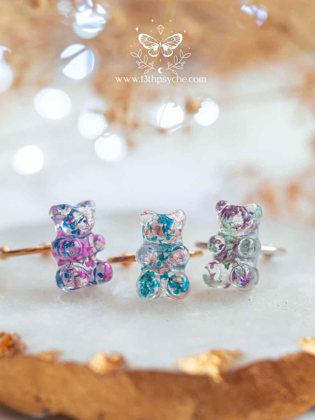 Handmade Pressed flowers gummy bear ring - 13th Psyche