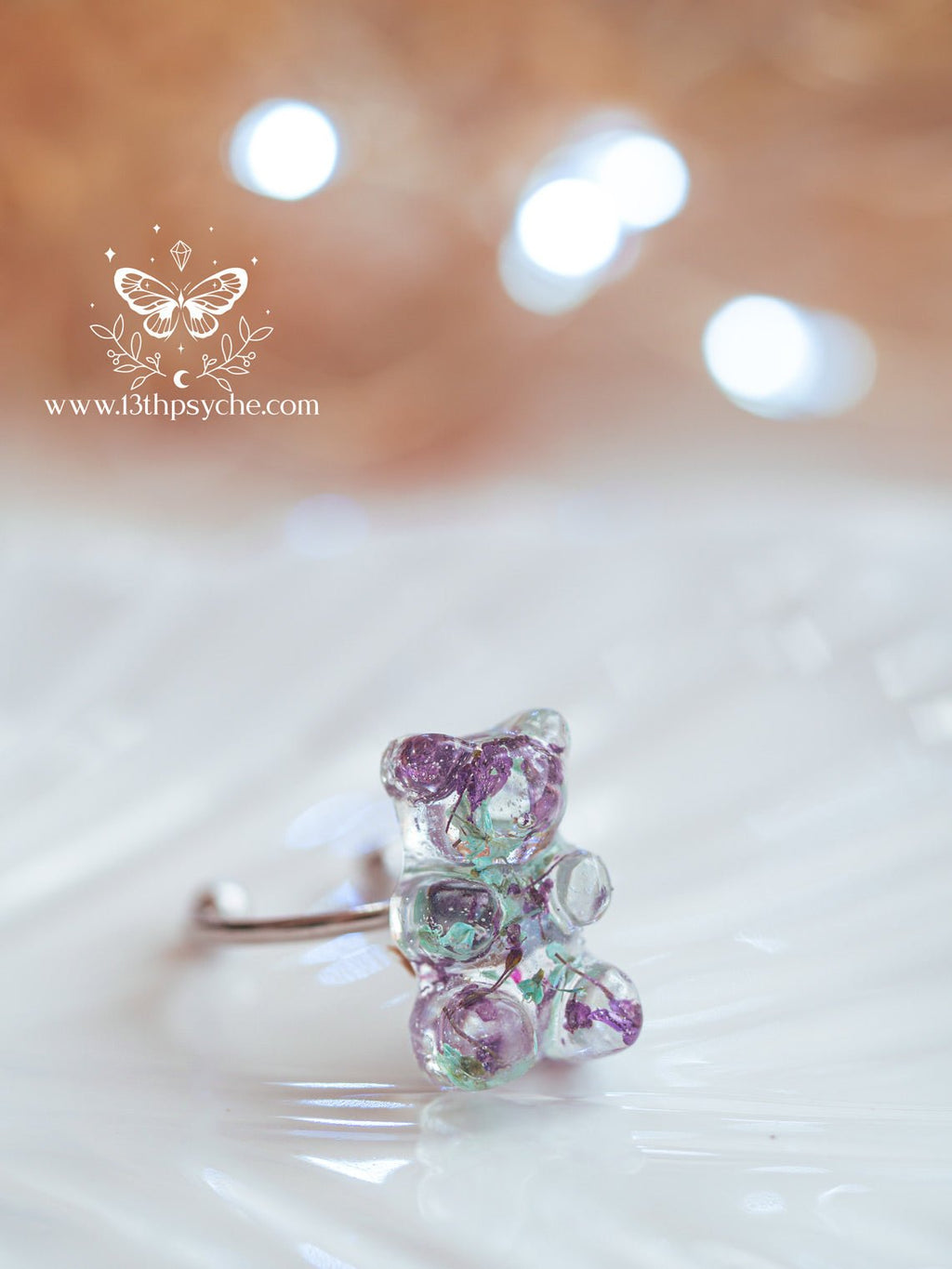 Handmade Pressed flowers gummy bear ring - 13th Psyche