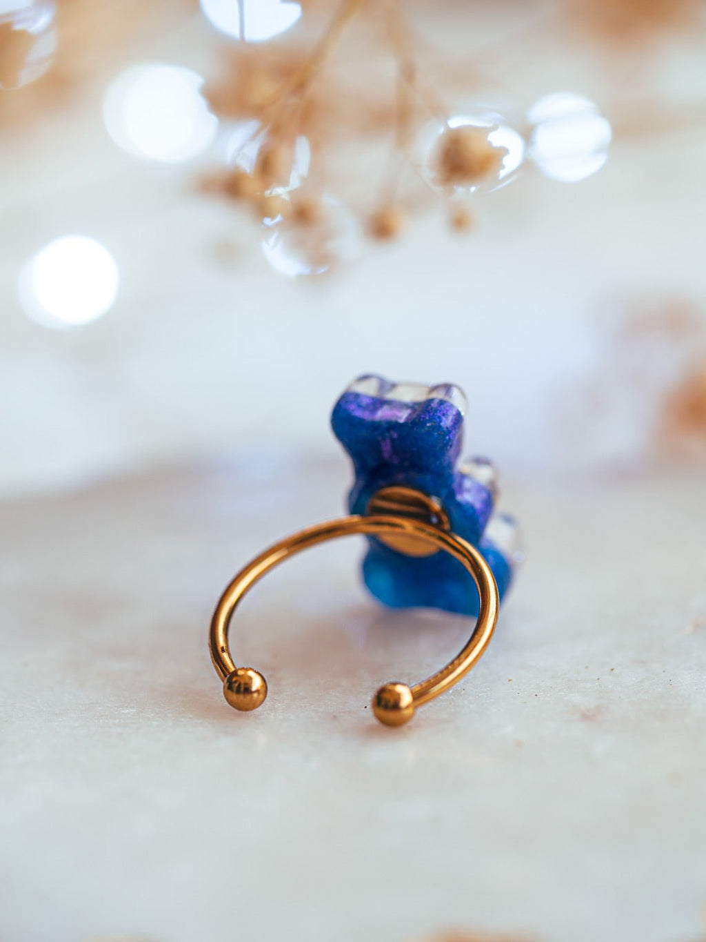 Handmade Pressed flowers gummy bear ring - 13th Psyche