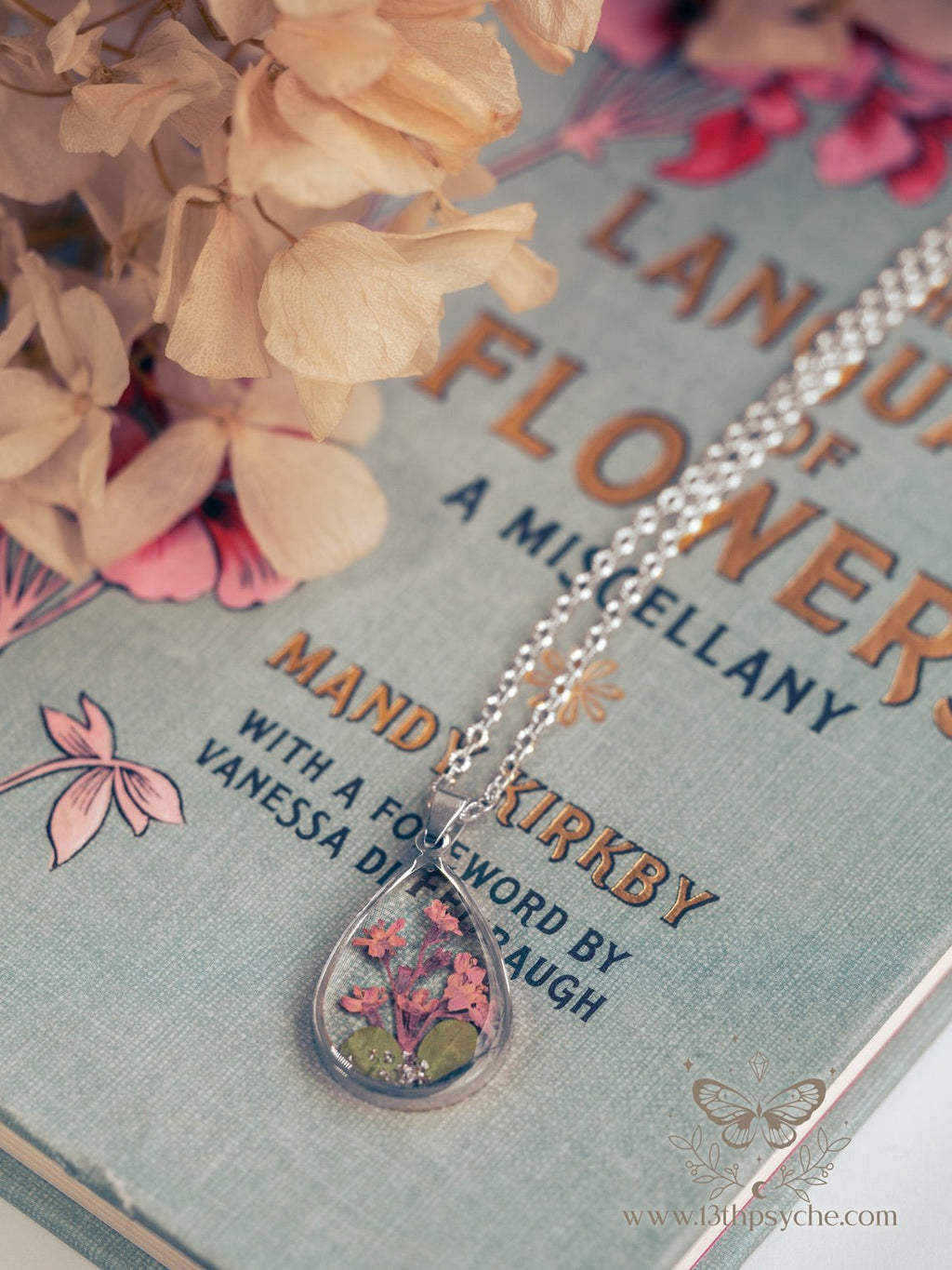 Handmade Pressed pink flowers teardrop resin pendant necklace - 13th Psyche