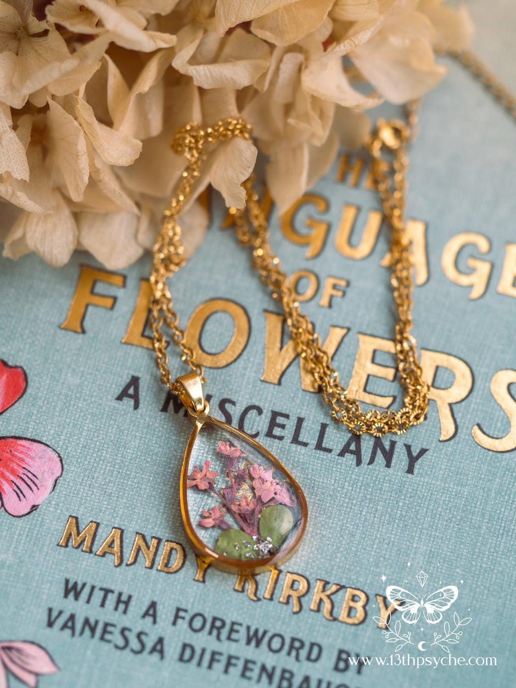 Handmade Pressed pink flowers teardrop resin pendant necklace - 13th Psyche