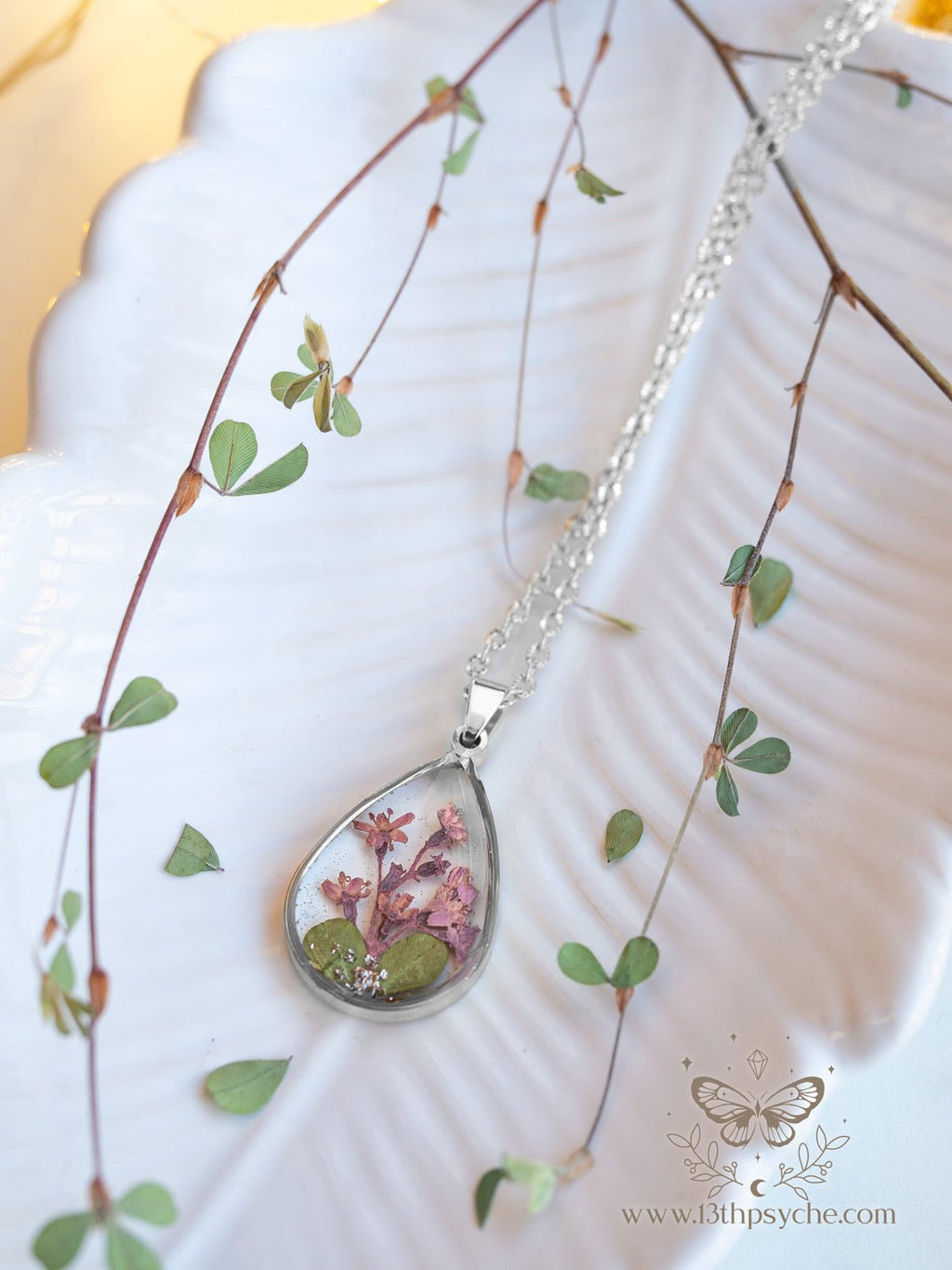 Handmade Pressed pink flowers teardrop resin pendant necklace - 13th Psyche