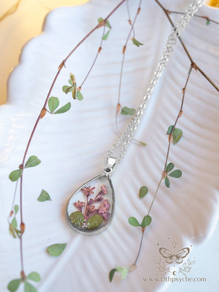 Handmade Pressed pink flowers teardrop resin pendant necklace - 13th Psyche