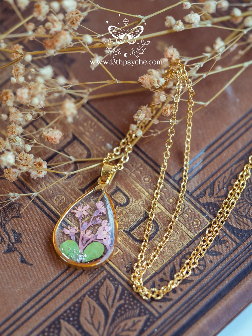 Handmade Pressed pink flowers teardrop resin pendant necklace - 13th Psyche
