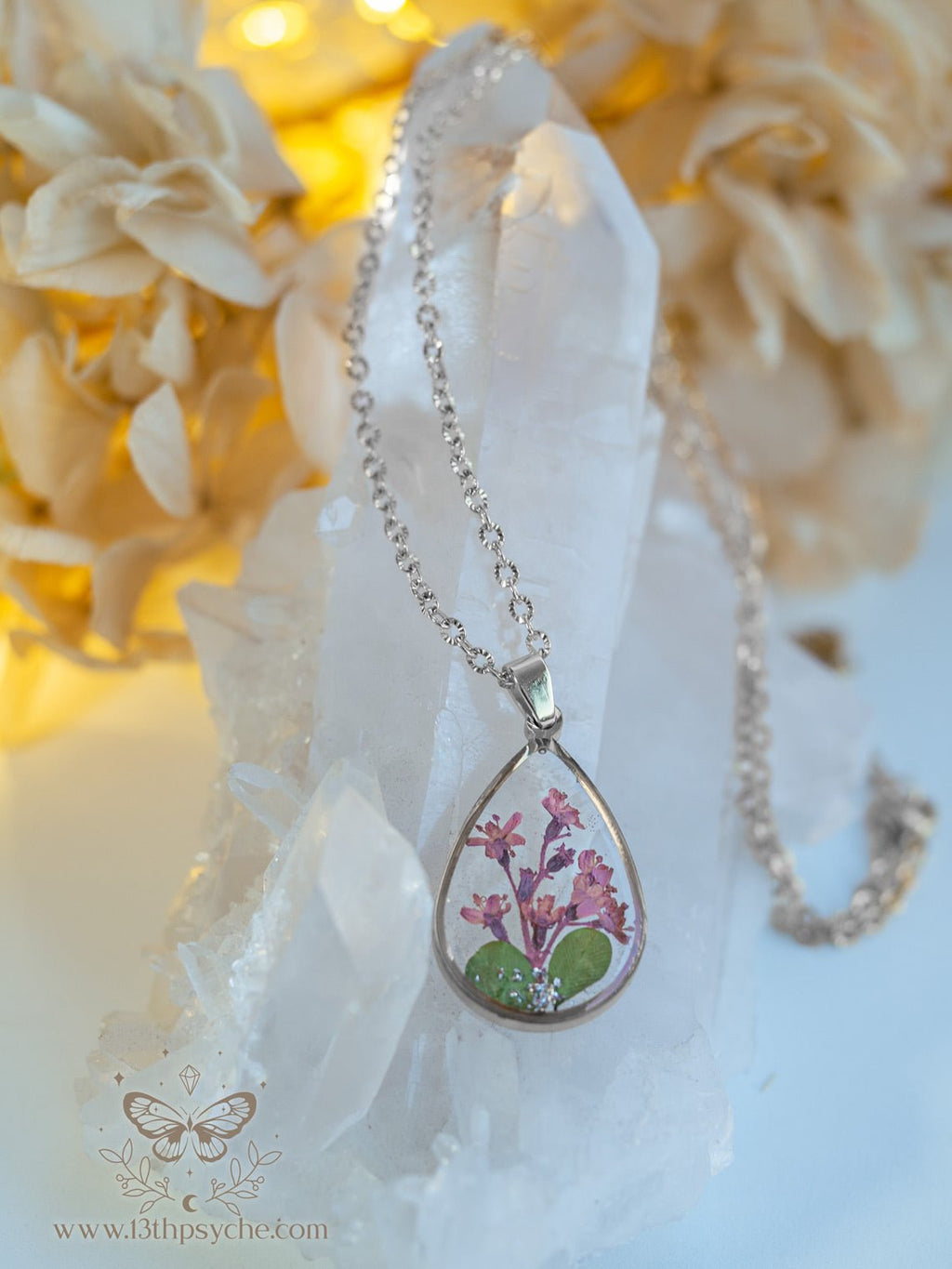 Handmade Pressed pink flowers teardrop resin pendant necklace - 13th Psyche