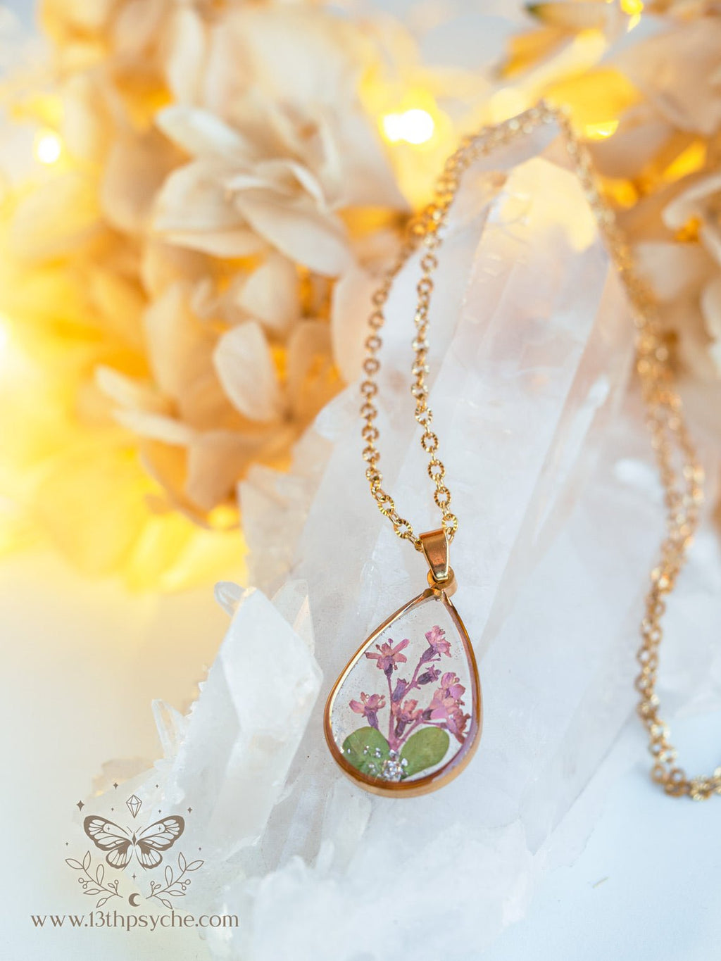 Handmade Pressed pink flowers teardrop resin pendant necklace - 13th Psyche