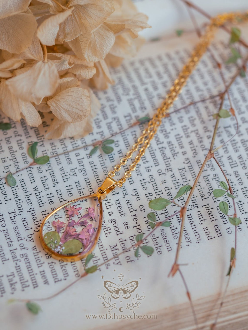 Handmade Pressed pink flowers teardrop resin pendant necklace - 13th Psyche