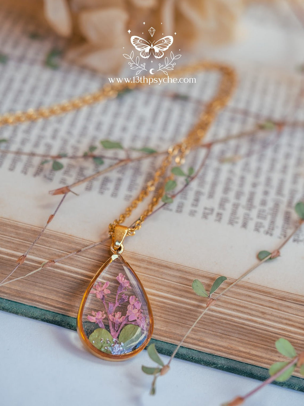 Handmade Pressed pink flowers teardrop resin pendant necklace - 13th Psyche
