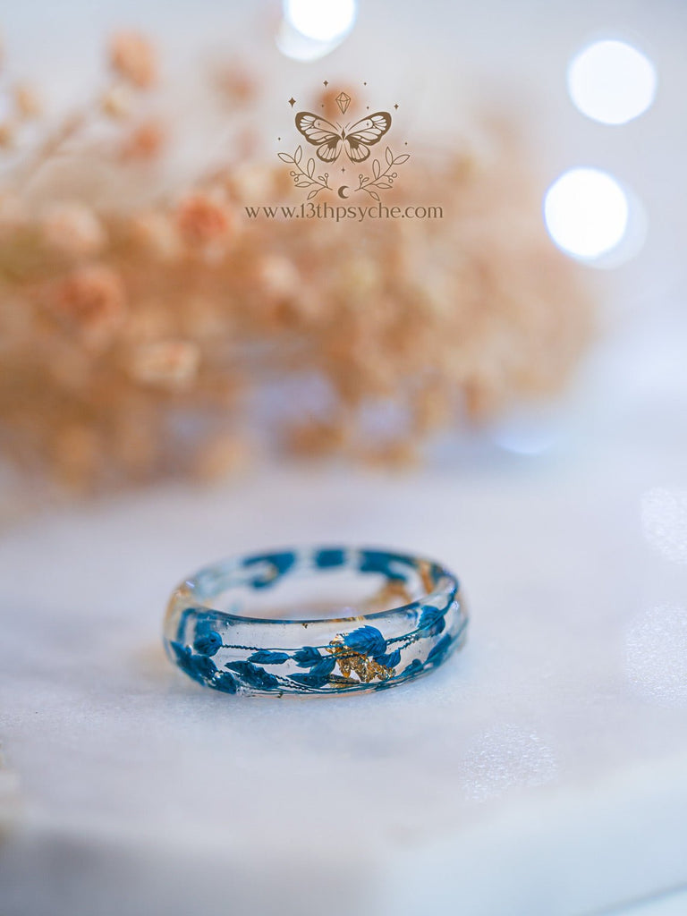 Handmade Real blue leaves resin ring with metal flakes - 13th Psyche