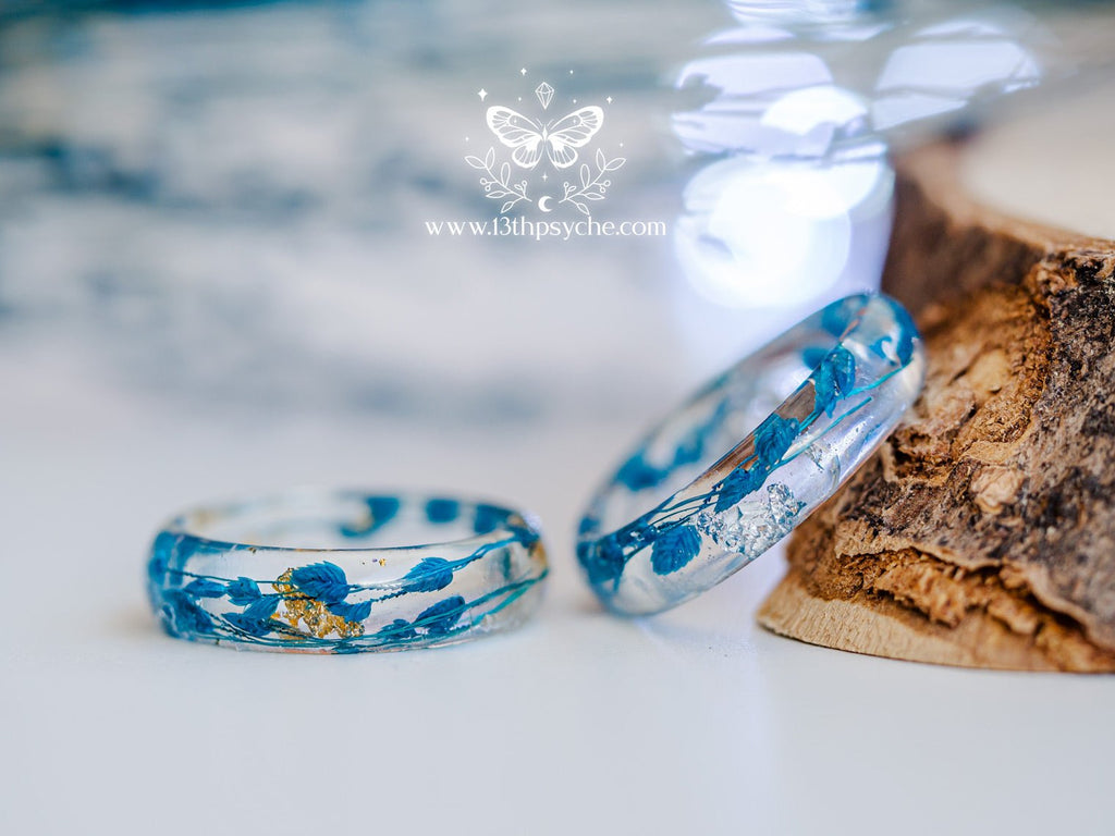 Handmade Real blue leaves resin ring with metal flakes - 13th Psyche