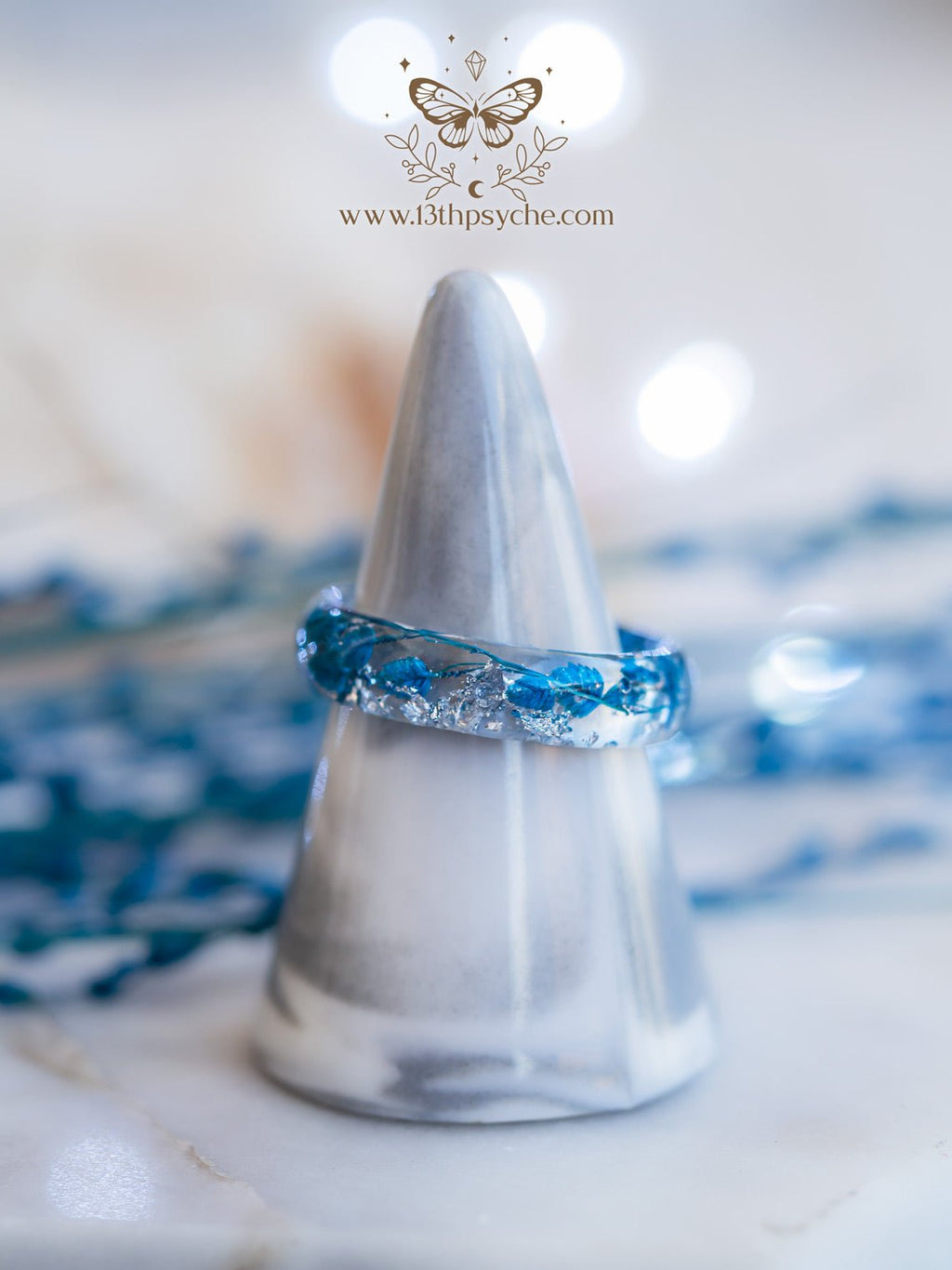 Handmade Real blue leaves resin ring with metal flakes - 13th Psyche