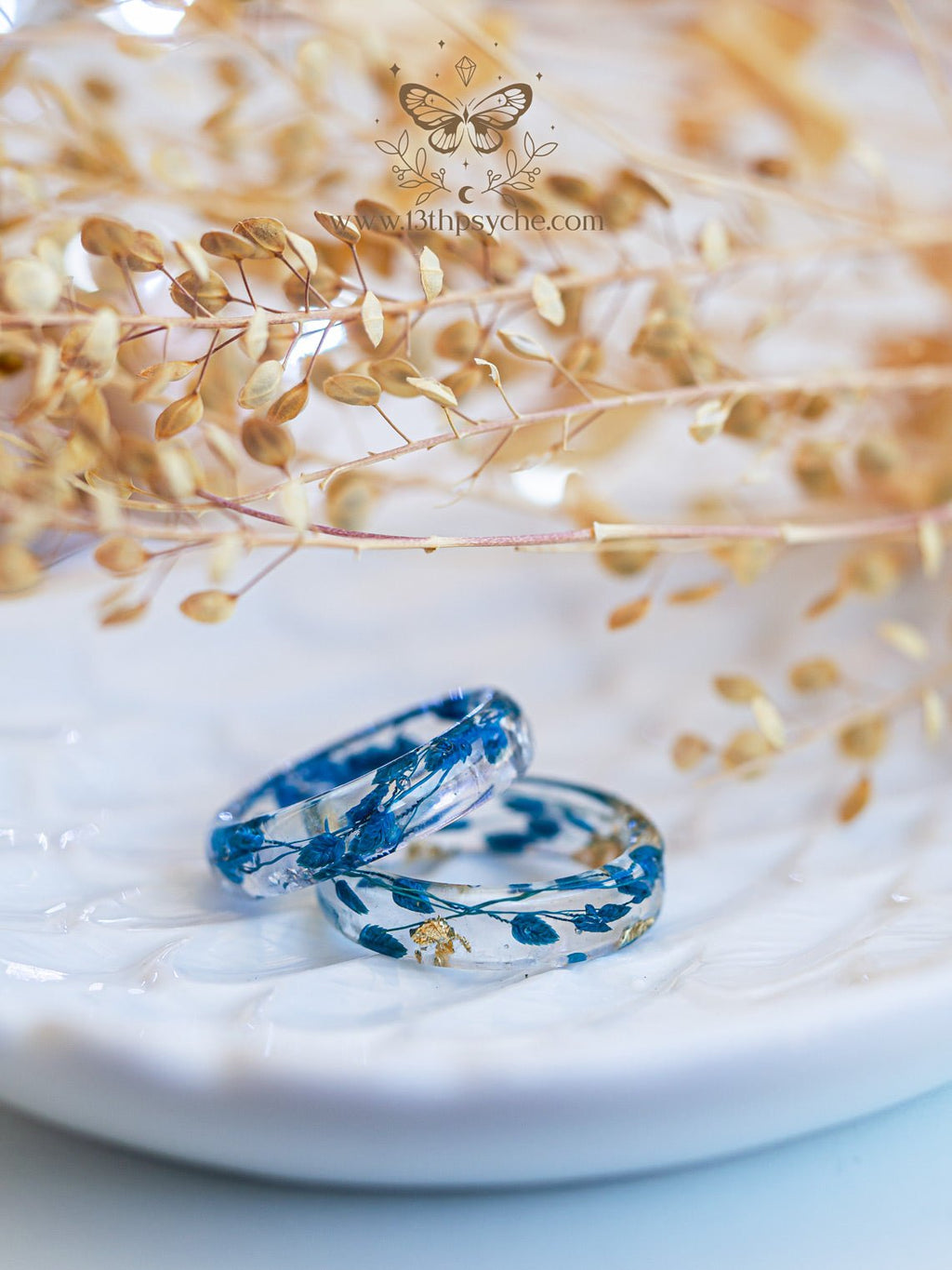 Handmade Real blue leaves resin ring with metal flakes - 13th Psyche