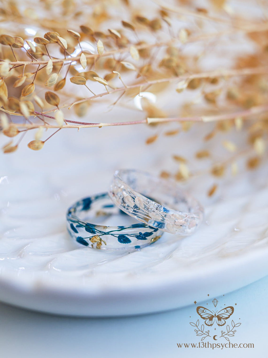 Handmade Real blue leaves resin ring with metal flakes - 13th Psyche