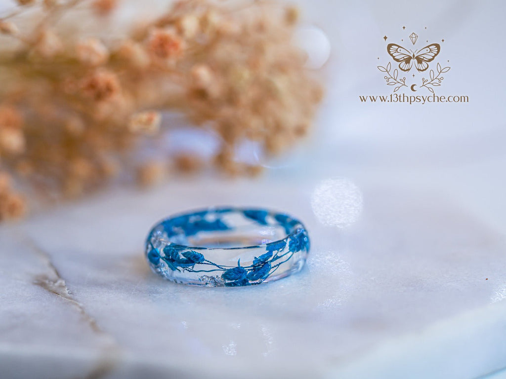 Handmade Real blue leaves resin ring with metal flakes - 13th Psyche