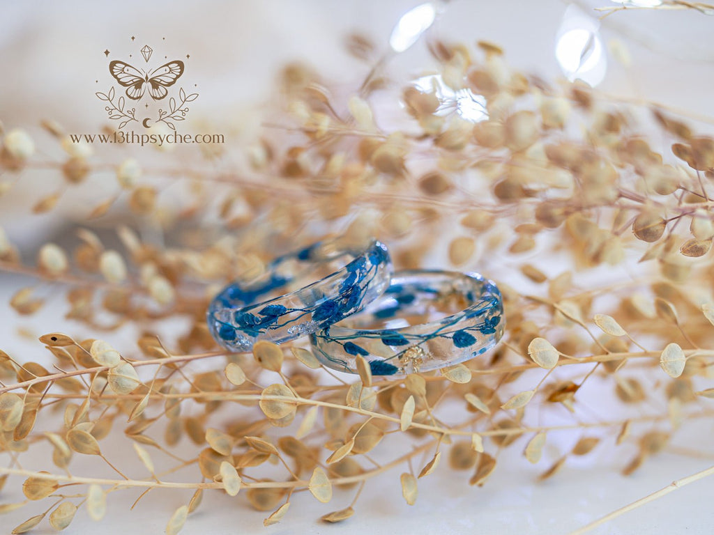 Handmade Real blue leaves resin ring with metal flakes - 13th Psyche