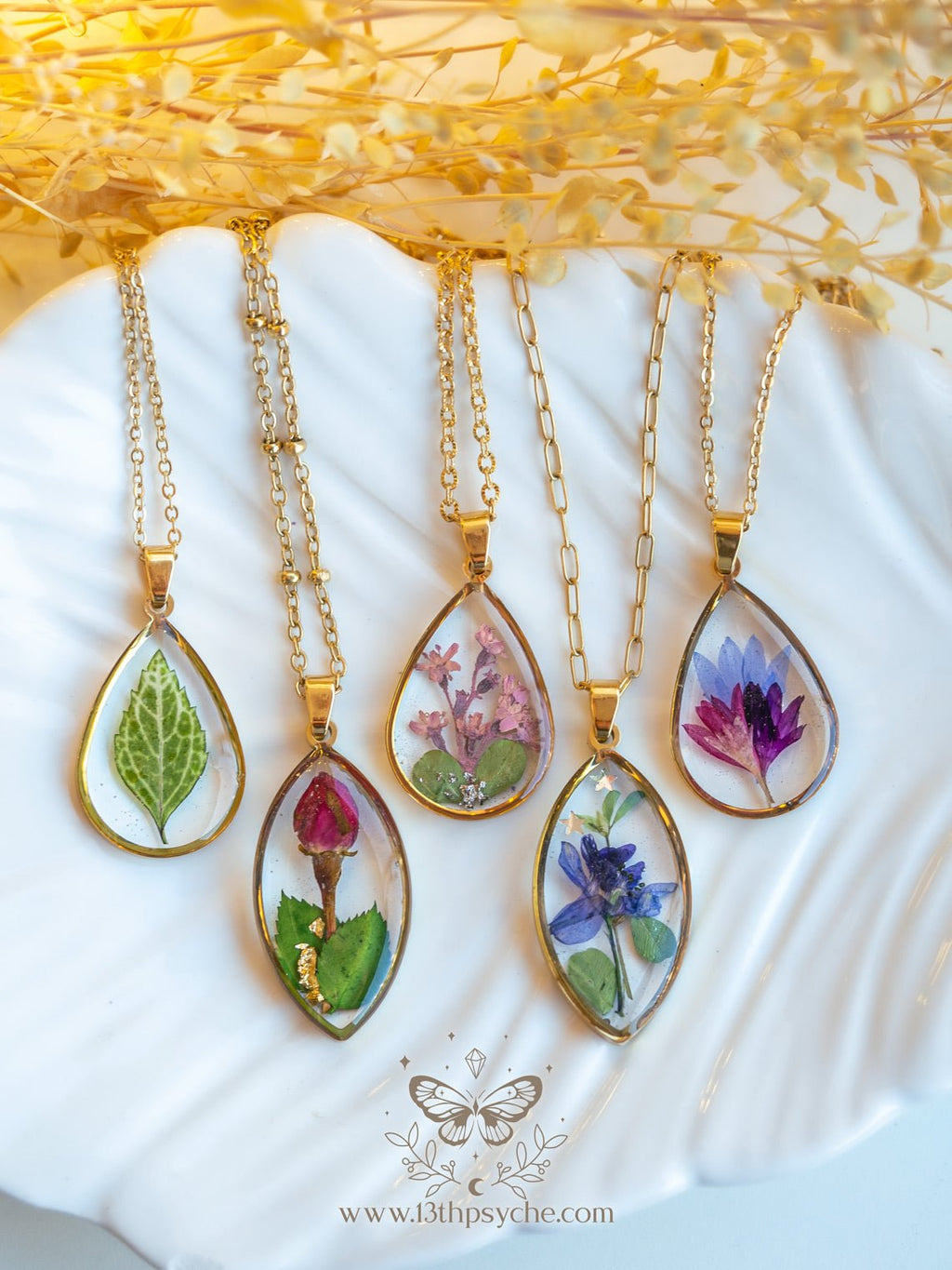 Handmade Real Corn flower teardrop resin pendant necklace - 13th Psyche